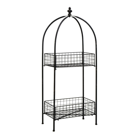 A black metal two-tier stand with an arched top, featuring two wire mesh shelves supported by a slender frame. The stand has a minimalist design, suitable for displaying plants or decorative items