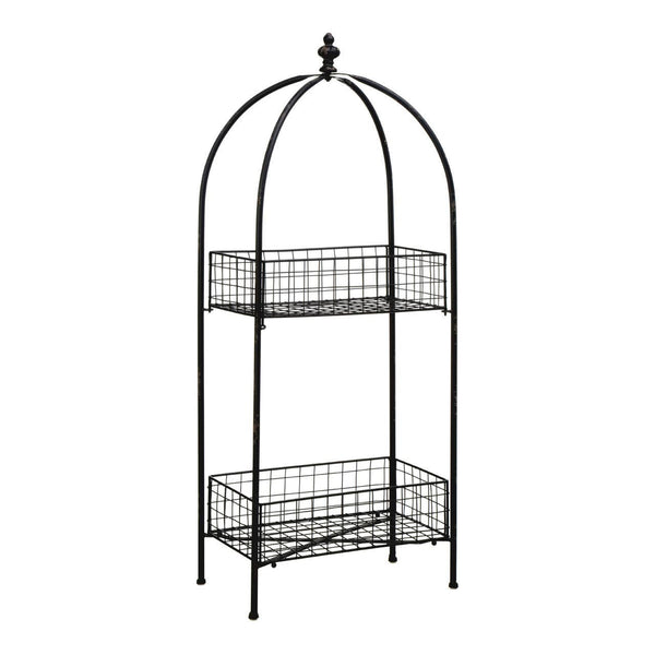 A black metal two-tier stand with an arched top, featuring two wire mesh shelves supported by a slender frame. The stand has a minimalist design, suitable for displaying plants or decorative items