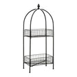 A black metal two-tier stand with an arched top, featuring two wire mesh shelves supported by a slender frame. The stand has a minimalist design, suitable for displaying plants or decorative items