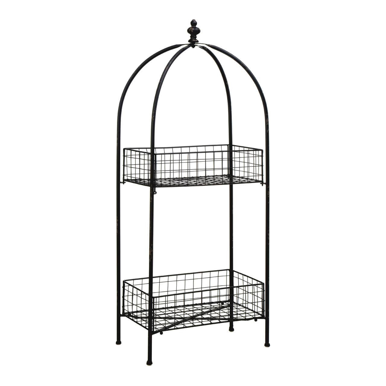 A black metal two-tier stand with an arched top, featuring two wire mesh shelves supported by a slender frame. The stand has a minimalist design, suitable for displaying plants or decorative items