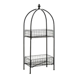 A black metal two-tier stand with an arched top, featuring two wire mesh shelves supported by a slender frame. The stand has a minimalist design, suitable for displaying plants or decorative items