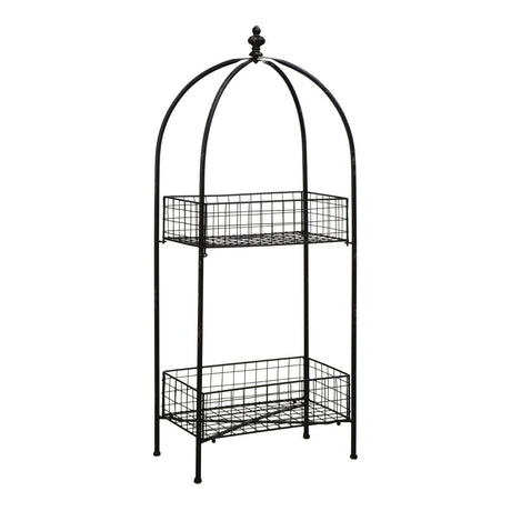 A black metal two-tier stand with an arched top, featuring two wire mesh shelves supported by a slender frame. The stand has a minimalist design, suitable for displaying plants or decorative items