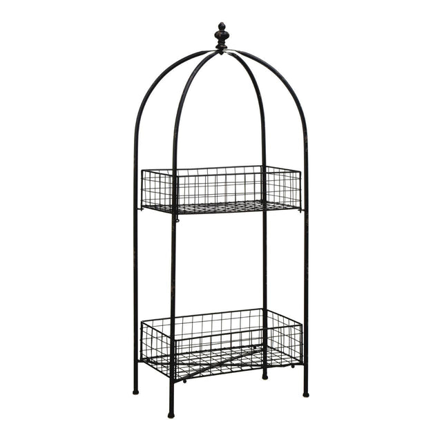 A black metal two-tier stand with an arched top, featuring two wire mesh shelves supported by a slender frame. The stand has a minimalist design, suitable for displaying plants or decorative items