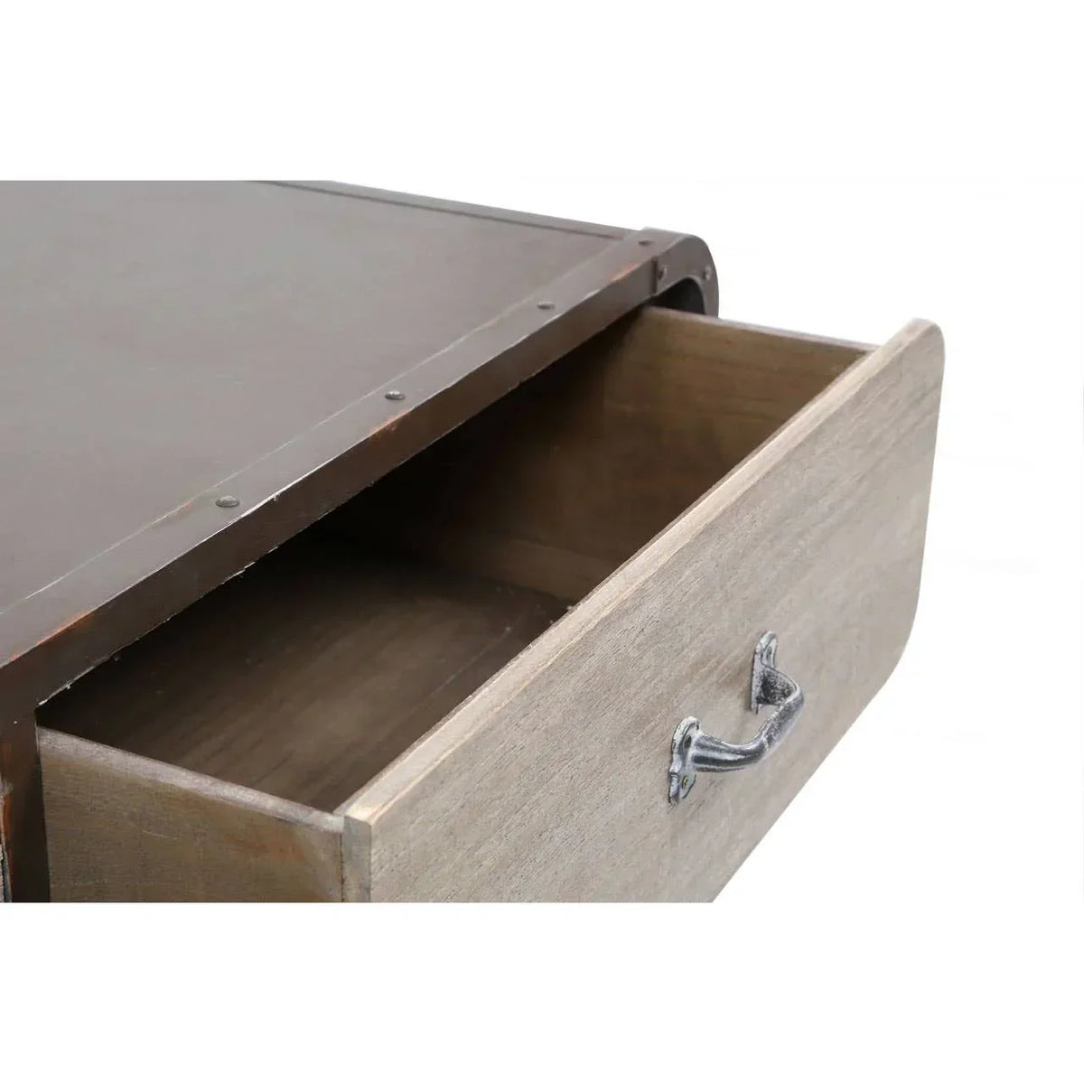 Wooden drawer unit with metal handle and dark brown top, close-up of open drawer