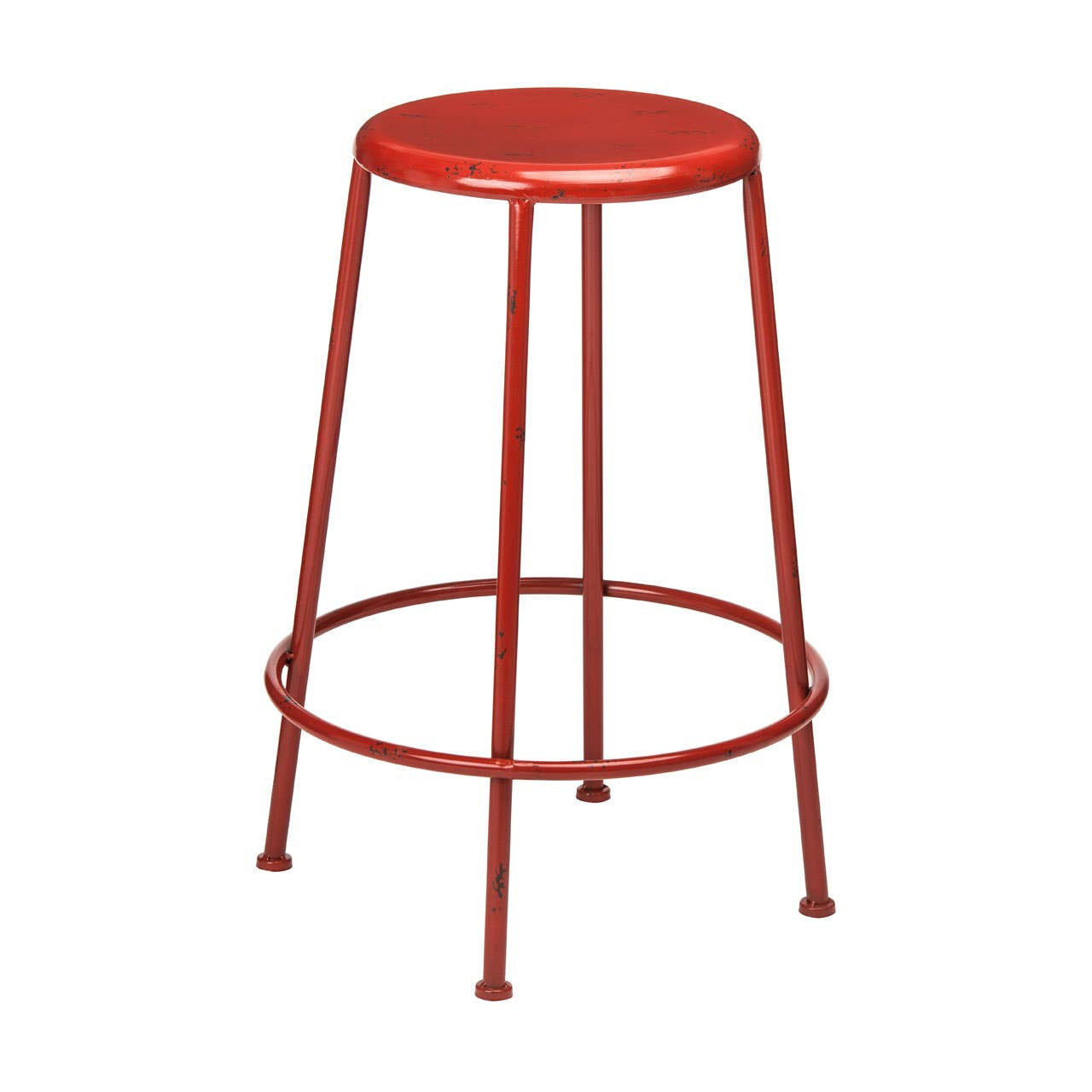 A red metal stool with a round seat and four slender legs, featuring a circular footrest for added support. The stool has a sleek, minimalist design suitable for various home decor styles