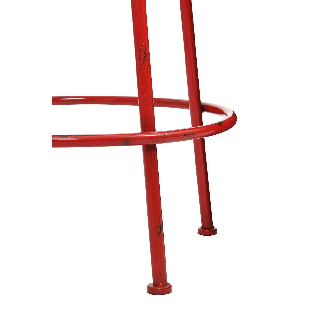 A close-up view of a red metal stool featuring a circular footrest and slender legs, showcasing a modern and industrial design. The vibrant red finish adds a pop of color, while the sturdy construction suggests durability