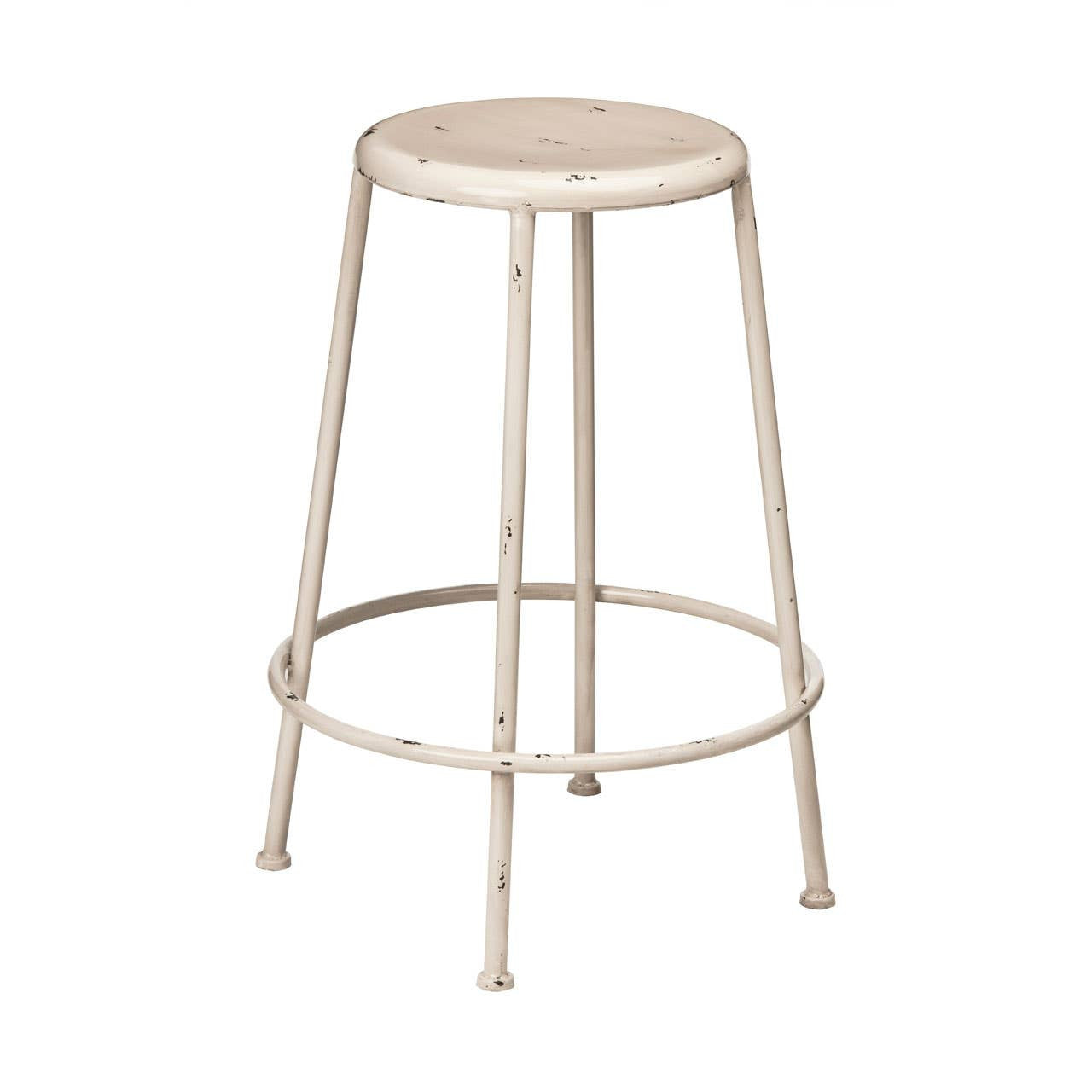Cream metal bar stool with a round seat and four slender legs, featuring a simple and modern design suitable for various home decor styles