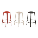 Three metal bar stools in red, cream, and black colors, featuring a simple, modern design with a round seat and slender legs. The stools are arranged side by side against a plain background