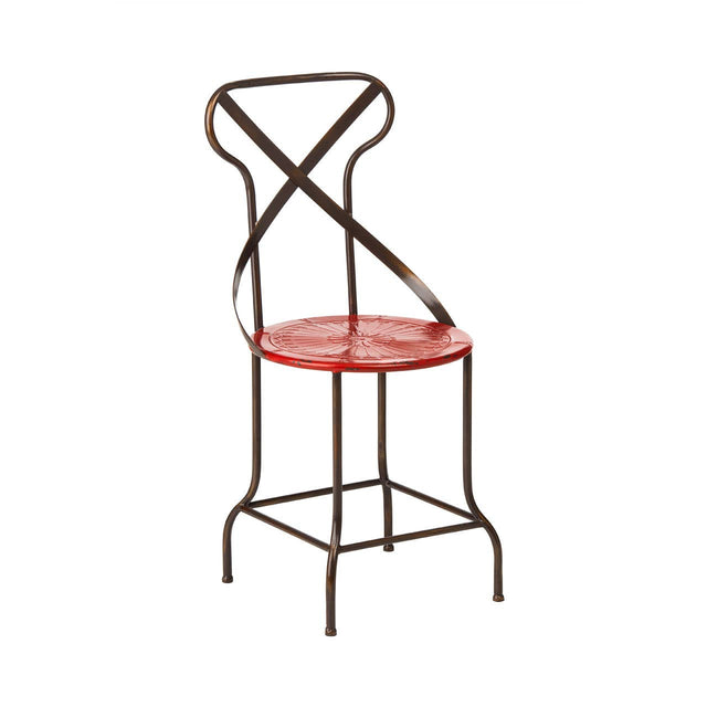 A red metal seat chair with a cross-back design and a circular seat, featuring a sturdy frame with curved legs and a minimalist aesthetic