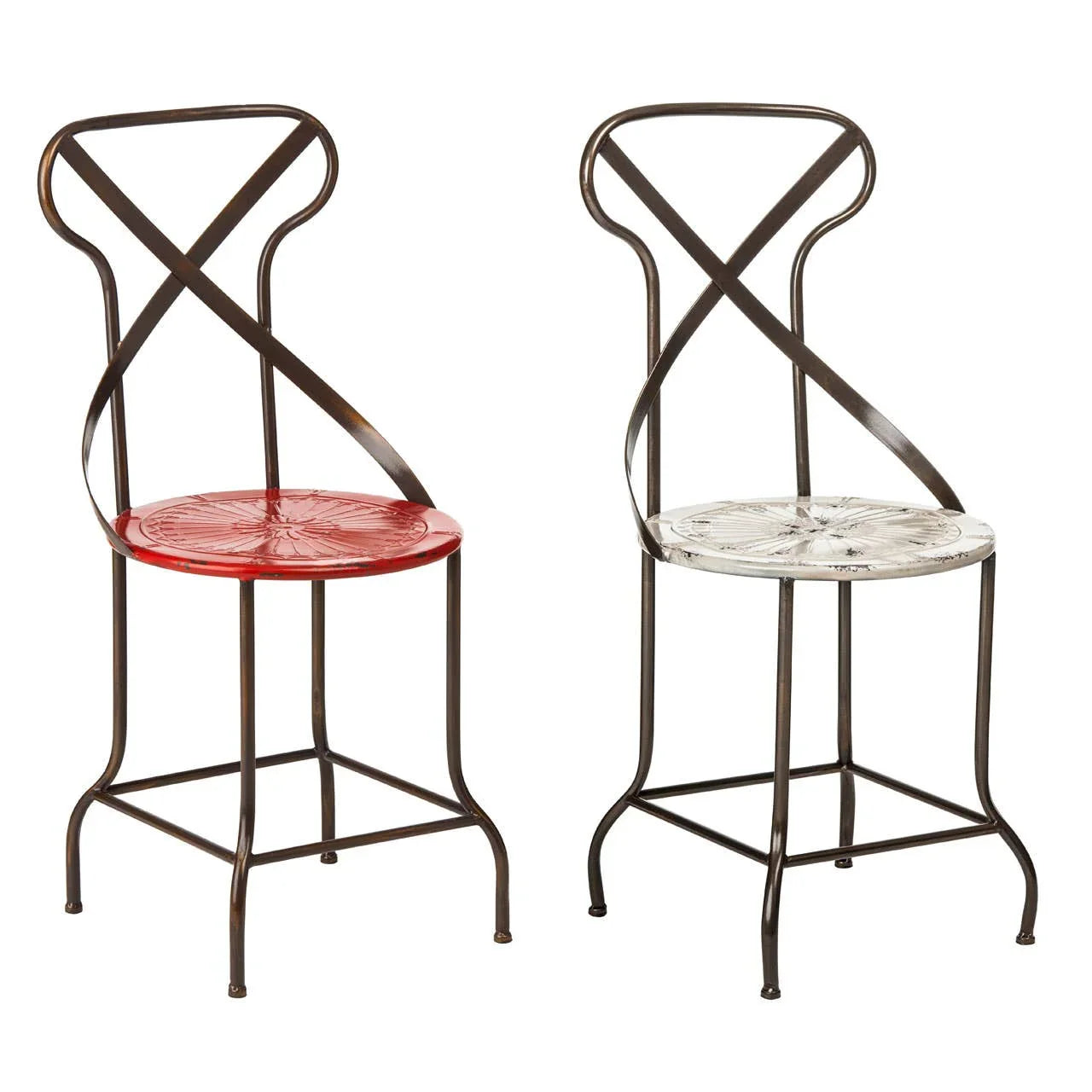 Pair of metal dining chairs with decorative red and white seats and black curved frames