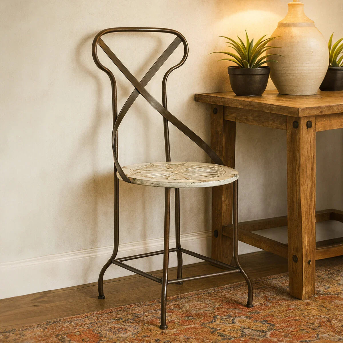 Metal dining chair with patterned wooden seat next to rustic wooden console table