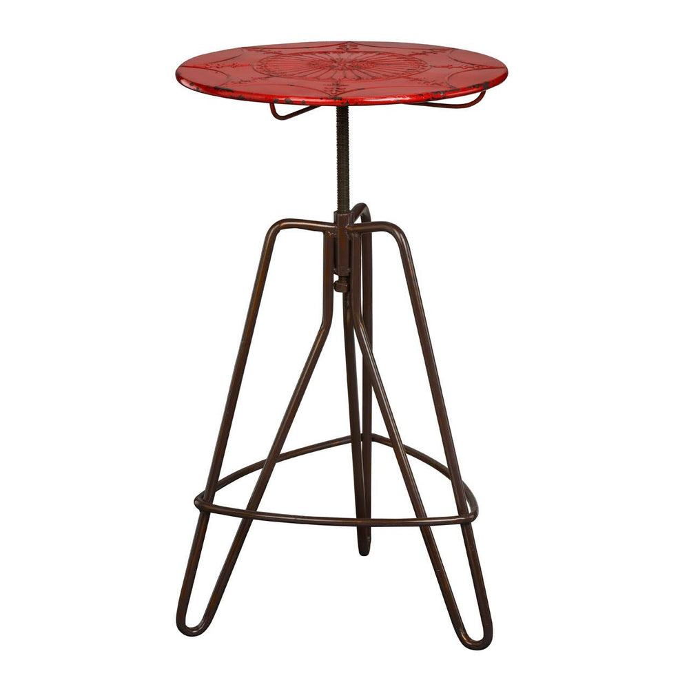 Round red metal bar table with a textured surface, supported by a sturdy brown metal base featuring a tripod design and adjustable height mechanism