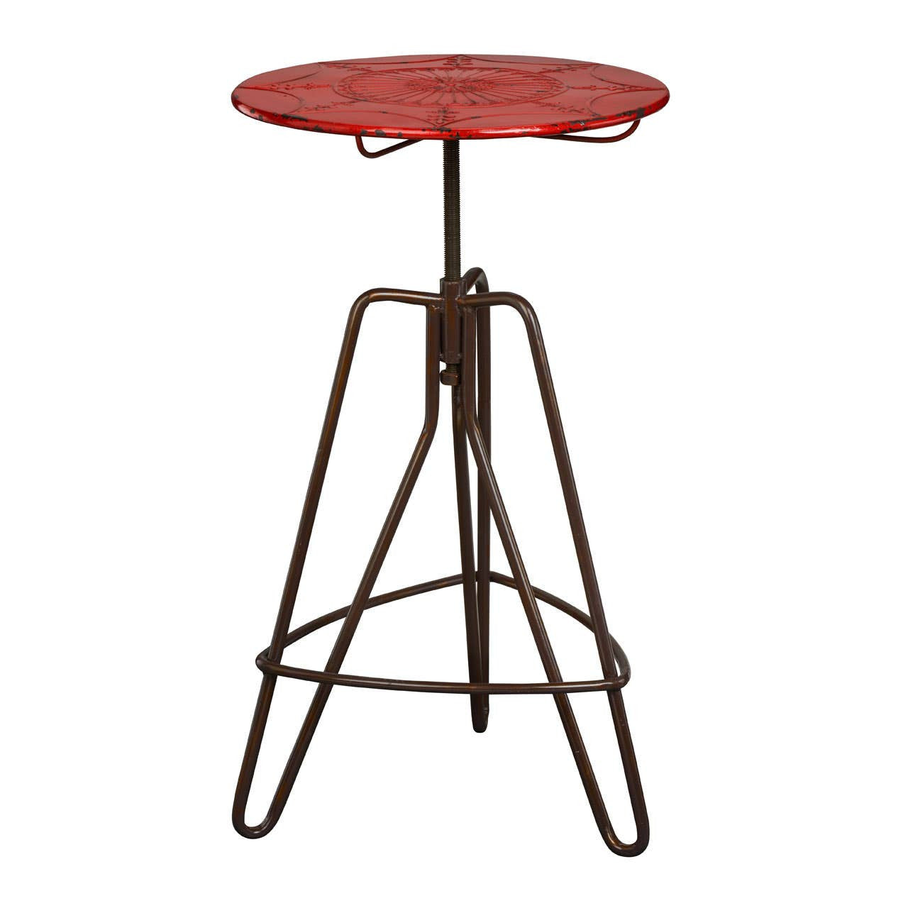 Round red metal bar table with a textured surface, supported by a sturdy brown metal base featuring a tripod design and adjustable height mechanism