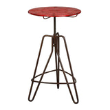 Round red metal bar table with a textured surface, supported by a sturdy brown metal base featuring a tripod design and adjustable height mechanism