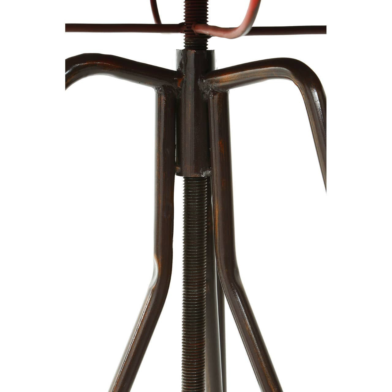 A close-up view of the base of a red metal bar table featuring a unique, industrial design with a sturdy tripod structure and a textured finish. The table's legs are sleek and angular, providing a modern aesthetic