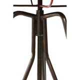 A close-up view of the base of a red metal bar table featuring a unique, industrial design with a sturdy tripod structure and a textured finish. The table's legs are sleek and angular, providing a modern aesthetic