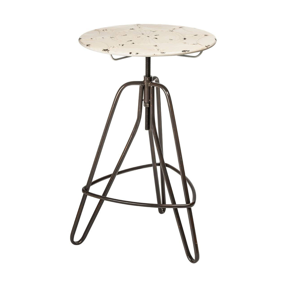 Cream-colored round metal bar table with a textured surface, supported by a sleek, dark metal tripod base. The table features a height-adjustable mechanism and a minimalist design, suitable for modern home decor