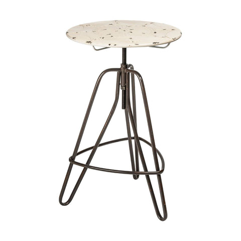 Cream-colored round metal bar table with a textured surface, supported by a sleek, dark metal tripod base. The table features a height-adjustable mechanism and a minimalist design, suitable for modern home decor