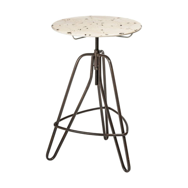 Cream-colored round metal bar table with a textured surface, supported by a sleek, dark metal tripod base. The table features a height-adjustable mechanism and a minimalist design, suitable for modern home decor