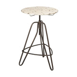 Cream-colored round metal bar table with a textured surface, supported by a sleek, dark metal tripod base. The table features a height-adjustable mechanism and a minimalist design, suitable for modern home decor