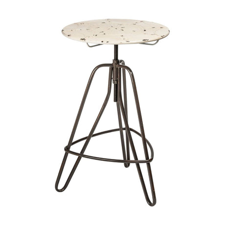 Cream-colored round metal bar table with a textured surface, supported by a sleek, dark metal tripod base. The table features a height-adjustable mechanism and a minimalist design, suitable for modern home decor