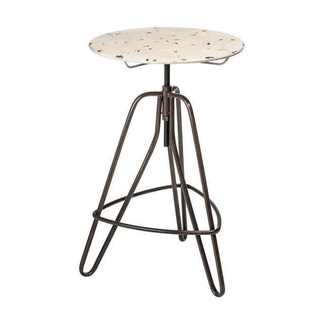 Cream-colored round metal bar table with a textured surface, supported by a sleek, dark metal tripod base. The table features a height-adjustable mechanism and a minimalist design, suitable for modern home decor