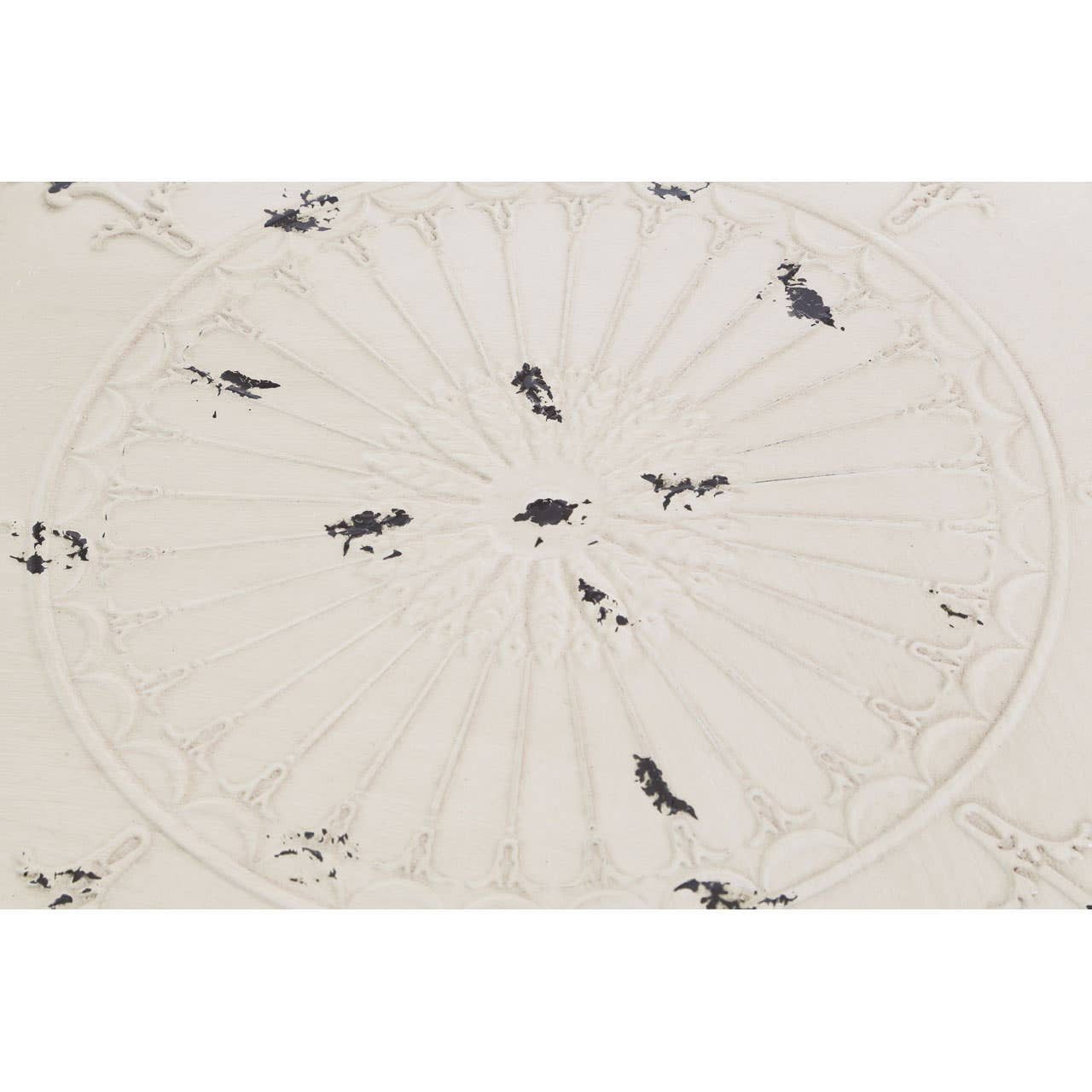 Cream metal bar table featuring a circular top with a subtle radial pattern and delicate black accents. The table has slender legs that provide a modern and elegant look, suitable for various home decor styles