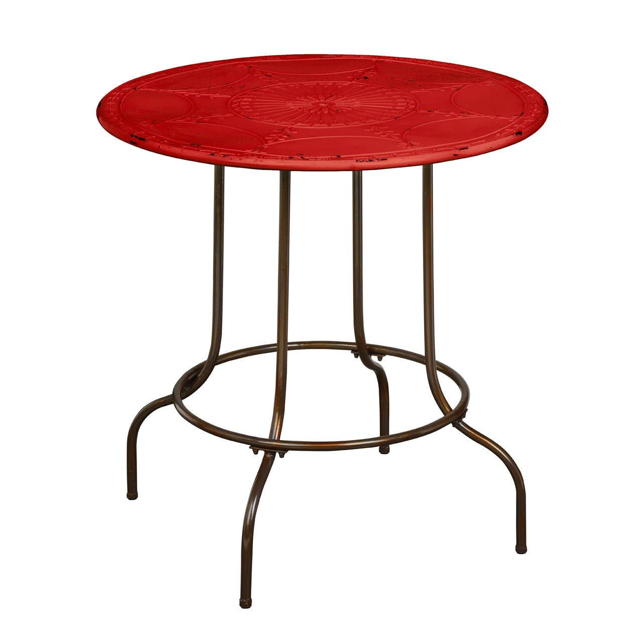 Round table with a vibrant red top and a sturdy metal base featuring four legs and a circular support structure. The design combines a modern aesthetic with a rustic touch, suitable for various home decor styles