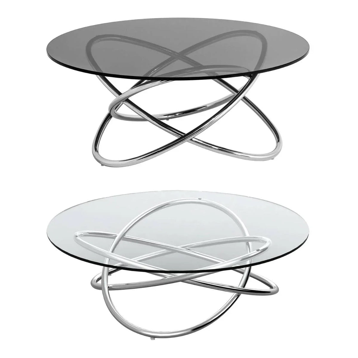 Round glass coffee tables with chrome loop bases in smoked and clear glass finishes