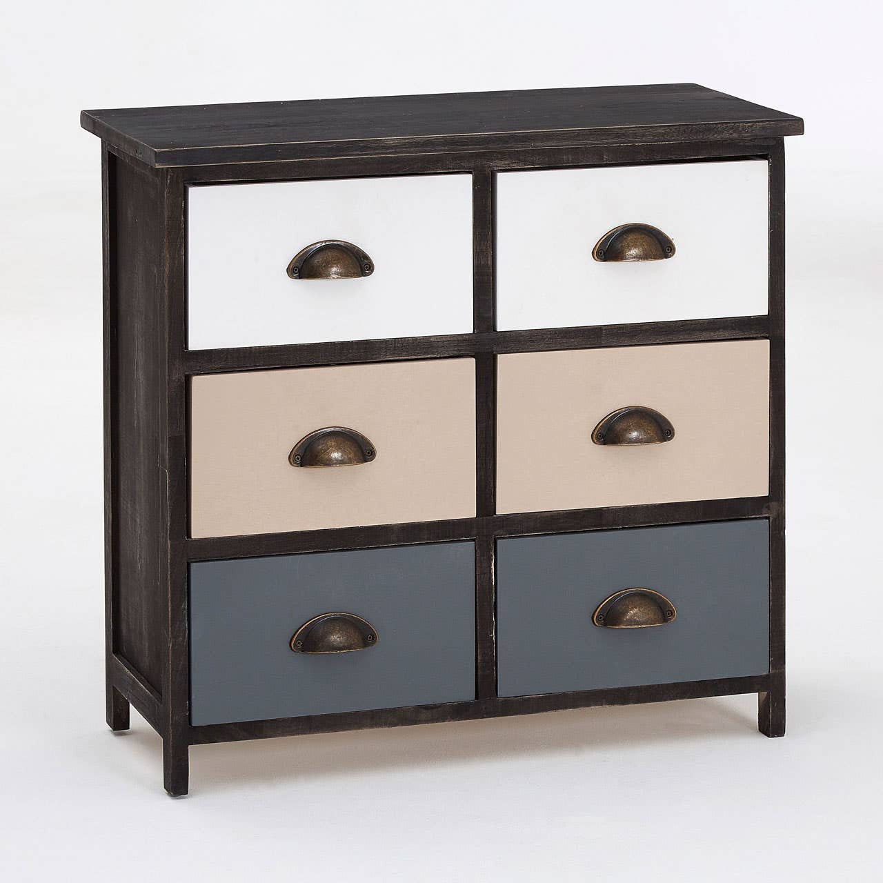 A six-drawer chest featuring a dark wood frame with a smooth top surface, complemented by drawers in white, beige, and gray colors. Each drawer has a rounded metal handle, and the chest stands on four sturdy legs