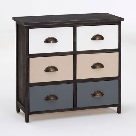 A six-drawer chest featuring a dark wood frame with a smooth top surface, complemented by drawers in white, beige, and gray colors. Each drawer has a rounded metal handle, and the chest stands on four sturdy legs