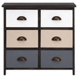 A six-drawer chest featuring a modern design with a dark wood frame and a combination of white, beige, and gray drawer fronts. Each drawer has a rounded metal handle for easy access. The chest is suitable for various home decor styles