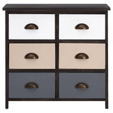A six-drawer chest featuring a modern design with a dark wood frame and a combination of white, beige, and gray drawer fronts. Each drawer has a rounded metal handle for easy access. The chest is suitable for various home decor styles