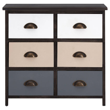 A six-drawer chest featuring a modern design with a dark wood frame and a combination of white, beige, and gray drawer fronts. Each drawer has a rounded metal handle for easy access. The chest is suitable for various home decor styles