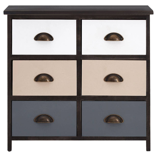 A six-drawer chest featuring a modern design with a dark wood frame and a combination of white, beige, and gray drawer fronts. Each drawer has a rounded metal handle for easy access. The chest is suitable for various home decor styles