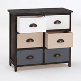 A wooden chest with six drawers in a mix of colors including white, beige, and gray, featuring metal handles, and a dark wood frame. The chest has a flat top surface and stands on four legs