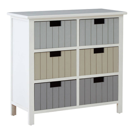A white chest of drawers featuring six fabric storage bins in varying shades of gray and beige, with a smooth top surface and simple wooden legs. The bins have cut-out handles for easy access