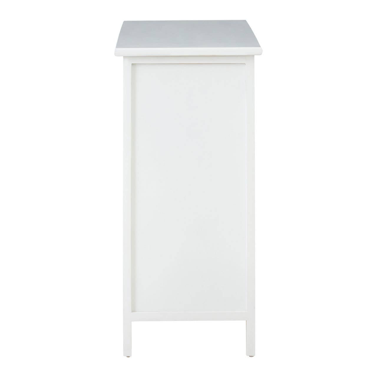 A tall, white chest of drawers featuring six spacious drawers, each with a simple handle, and a flat top surface suitable for decorative items. The chest stands on slender legs, giving it a modern and airy appearance