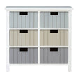 A white chest of drawers featuring six drawers in a mix of light gray, beige, and dark gray colors, each with a horizontal slatted design and black handles. The chest has a smooth top surface and stands on four sturdy legs