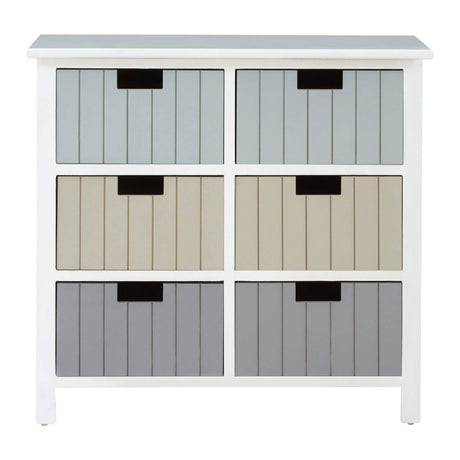 A white chest of drawers featuring six drawers in a mix of light gray, beige, and dark gray colors, each with a horizontal slatted design and black handles. The chest has a smooth top surface and stands on four sturdy legs