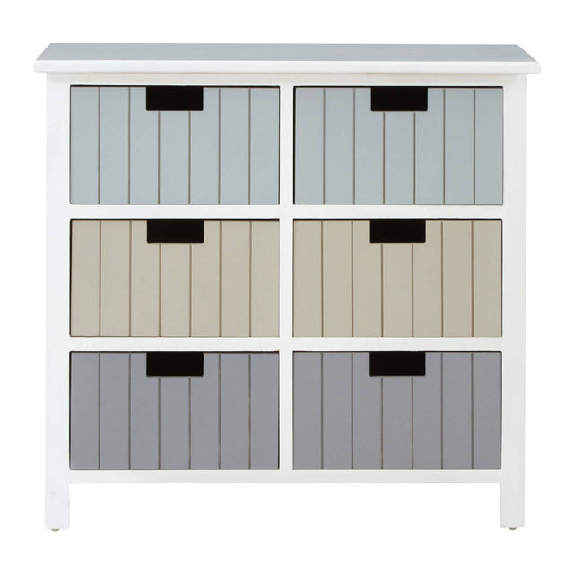A white chest of drawers featuring six drawers in a mix of light gray, beige, and dark gray colors, each with a horizontal slatted design and black handles. The chest has a smooth top surface and stands on four sturdy legs