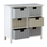 A white chest of drawers featuring six fabric storage bins in varying shades of gray and beige, with a smooth top surface and wooden legs. The bins have a ribbed texture and black handles for easy access