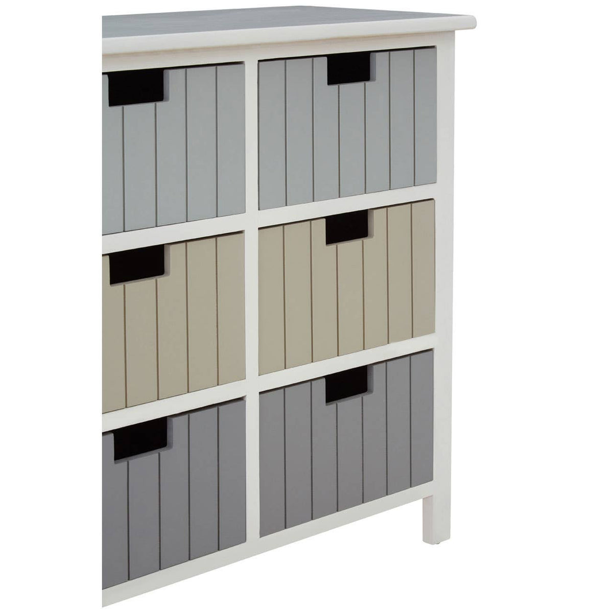 A white chest of drawers featuring six fabric storage bins in various shades of gray and beige, arranged in two rows. The chest has a smooth top surface and a simple, modern design with a clean finish. Each bin has a black label holder for easy identification