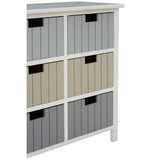 A white chest of drawers featuring six fabric storage bins in various shades of gray and beige, arranged in two rows. The chest has a smooth top surface and a simple, modern design with a clean finish. Each bin has a black label holder for easy identification