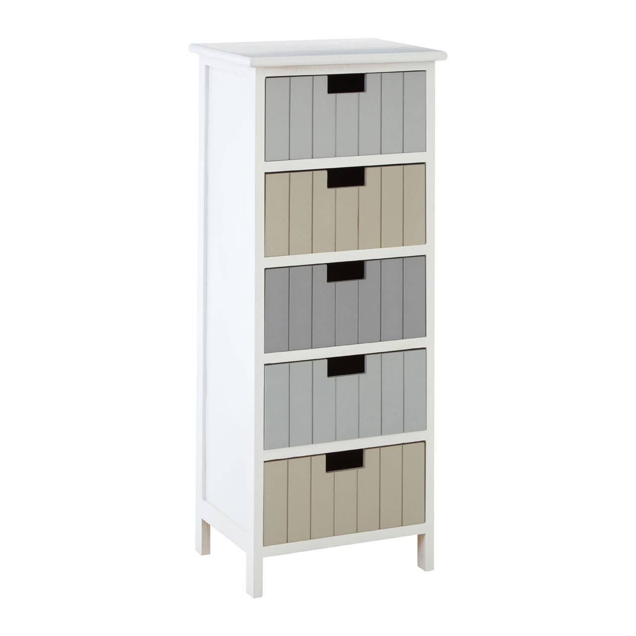 Tall white chest of drawers featuring five fabric storage bins in beige and gray, with a clean, modern design and slender legs