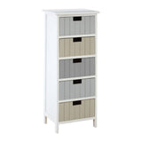 Tall white chest of drawers featuring five fabric storage bins in beige and gray, with a clean, modern design and slender legs