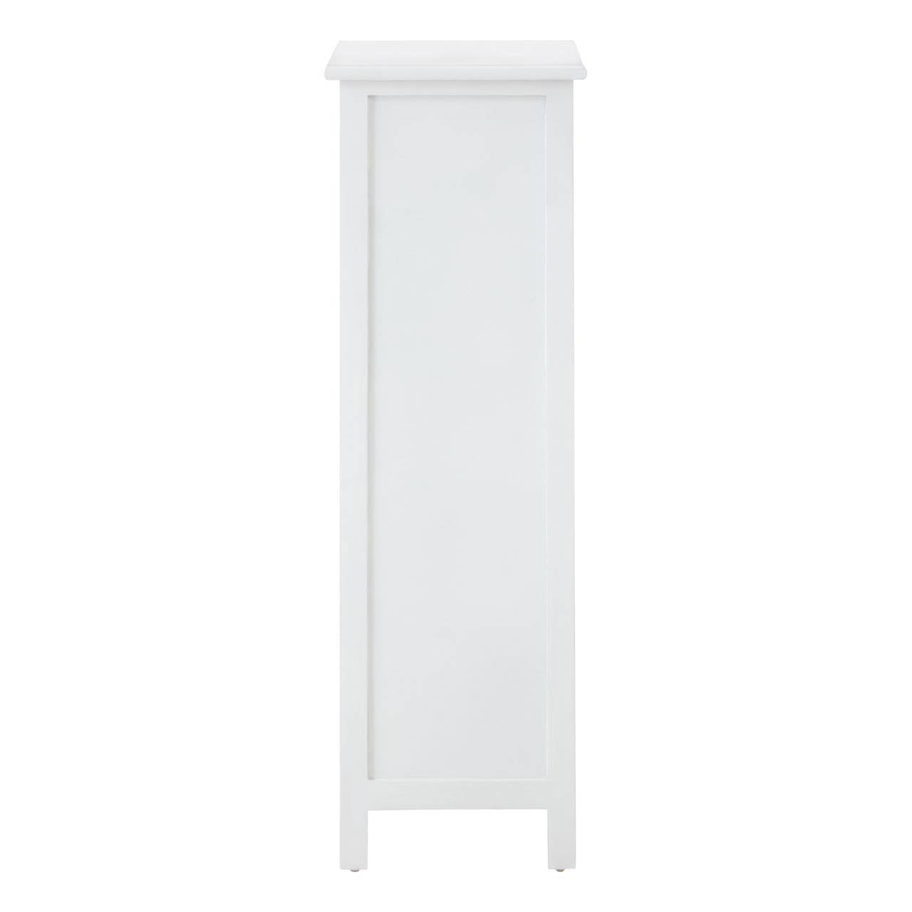 A tall, white chest of drawers featuring five spacious drawers, each with a simple handle, and a smooth top surface. The design is sleek and modern, with clean lines and slightly tapered legs, suitable for various home decor styles