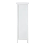 A tall, white chest of drawers featuring five spacious drawers, each with a simple handle, and a smooth top surface. The design is sleek and modern, with clean lines and slightly tapered legs, suitable for various home decor styles