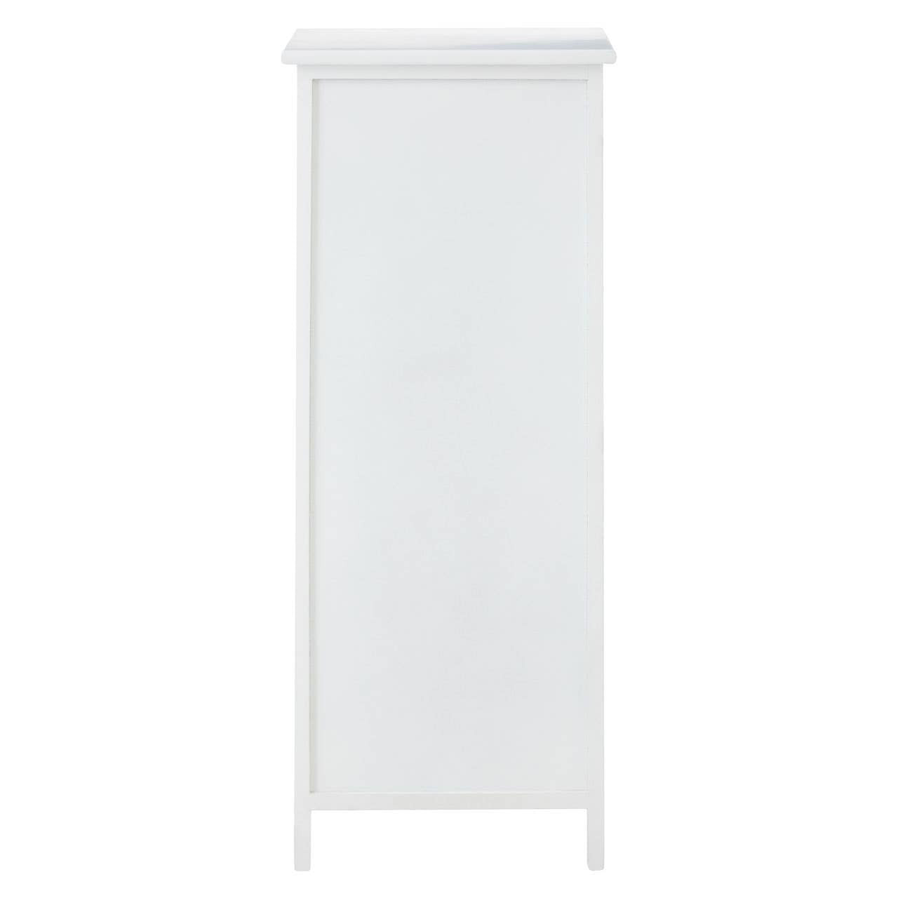 A tall, white chest of drawers featuring five spacious drawers, each with a simple handle, and a smooth top surface. The design is sleek and modern, suitable for various home decor styles