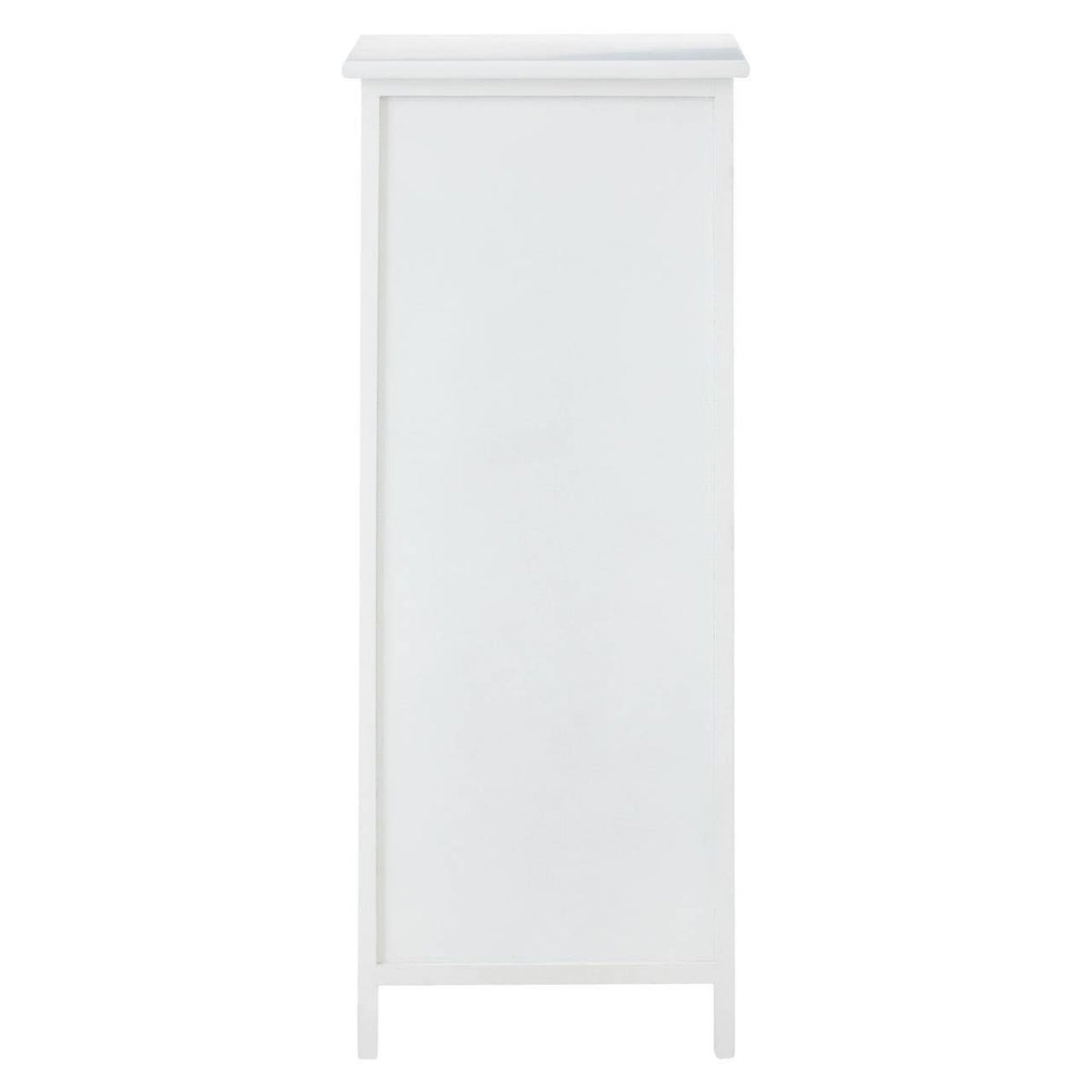 A tall, white chest of drawers featuring five spacious drawers, each with a simple handle, and a smooth top surface. The design is sleek and modern, suitable for various home decor styles